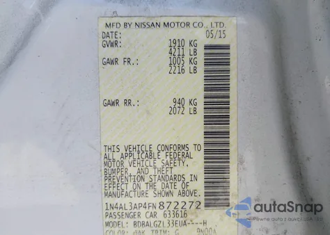 2015 Nissan Altima 2.5 S from USA, damaged, VIN 1N4AL3AP4FN872272